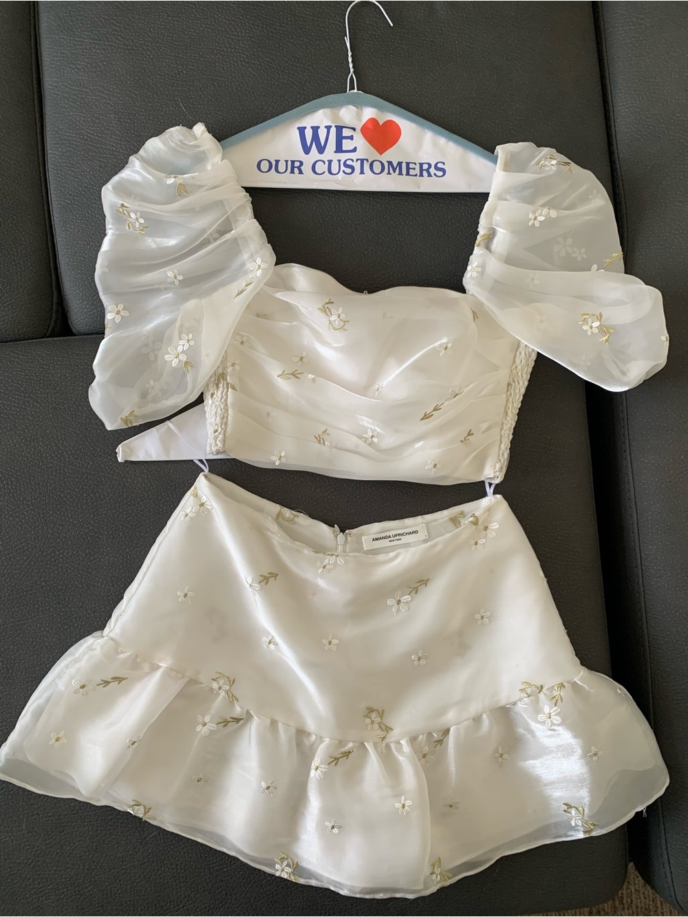 Amanda Uprichard White Floral Puff Sleeve Two-Piece Skort Set